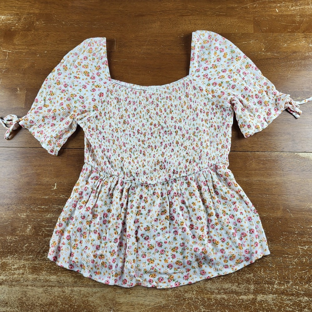 Jodifl Womens Floral Smocked Peplum Top Pink Orange White Puff Tie Sleeve Medium